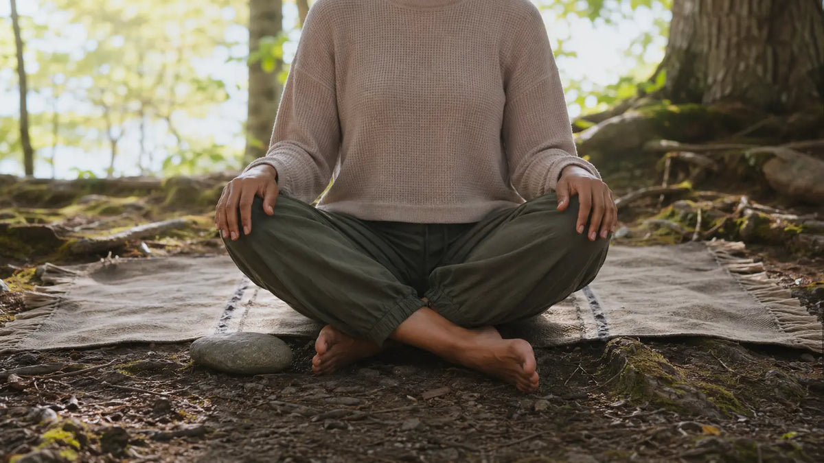 Person seated comfortably on the earth beside tree roots and a smooth stone while practicing grounding and centering