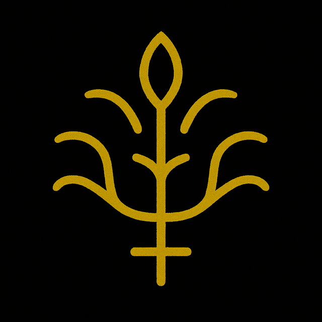 A golden sigil for “Healing Herb Spells: Natural Witchcraft Remedies for Common Ailments,” featuring a central line sprouting symmetrical curves and a leaf-like symbol at the top, all set on a black background.