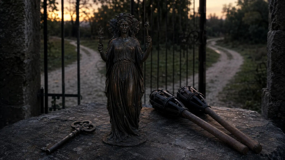Bronze Hecate statue with a key and torches before a gate and forked path at twilight