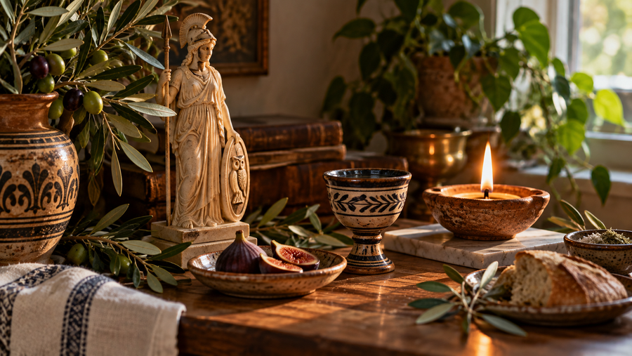 Greek-inspired home shrine with deity statue, olive branches, offerings, bread, fruit, libation cup, and candlelight