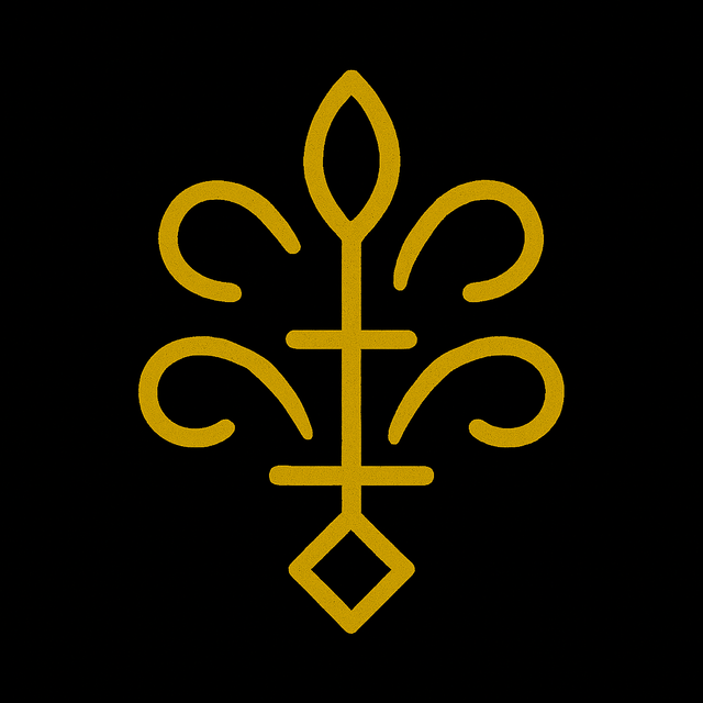A golden sigil for “Herbal Magic 101: 10 Essential Herbs for Witches and Their Uses,” featuring a central stem with a leaf-shaped top, diamond base, and symmetrical curling branches on a black background.
