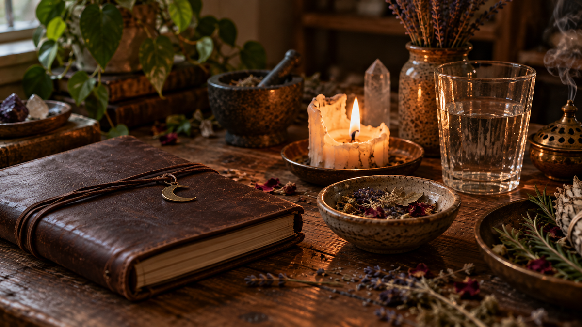 Herbal worktable with dried plants, mortar and pestle, water, journal, candle, crystals, and incense for comparing herbalism and herbal witchcraft