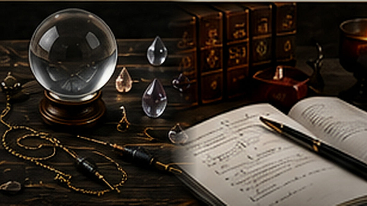 A scrying sphere and pendulums beside an open notebook for planning clear divination questions