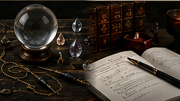A scrying sphere and pendulums beside an open notebook for planning clear divination questions