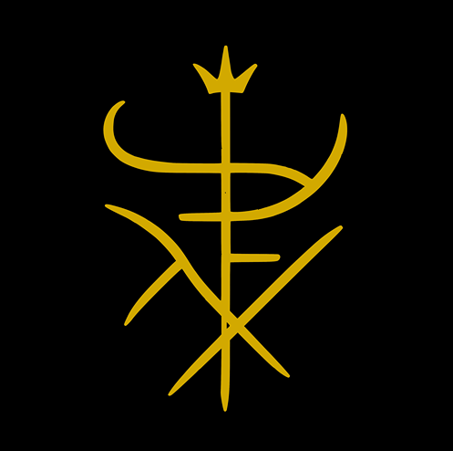 Golden sigil for How to Become a Satanist - A Guide to Finding Your Path, featuring a central vertical stem topped with a crown-like structure, flanked by upward curving arms, intersected by horizontal and diagonal lines on a dark background.