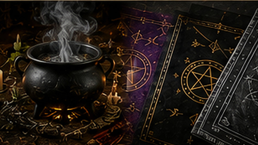 A ritual cauldron beside pentacle altar cloths for preparing a Wiccan circle