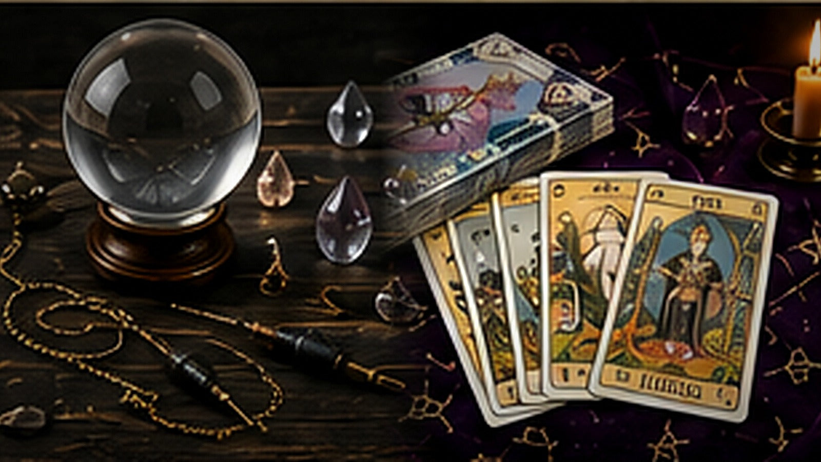 Tarot cards, a scrying sphere, and a pendulum arranged for comparing divination tools