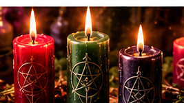 Several burning ritual candles arranged for considering candle fit, heat safety, wax cleanup, and altar placement