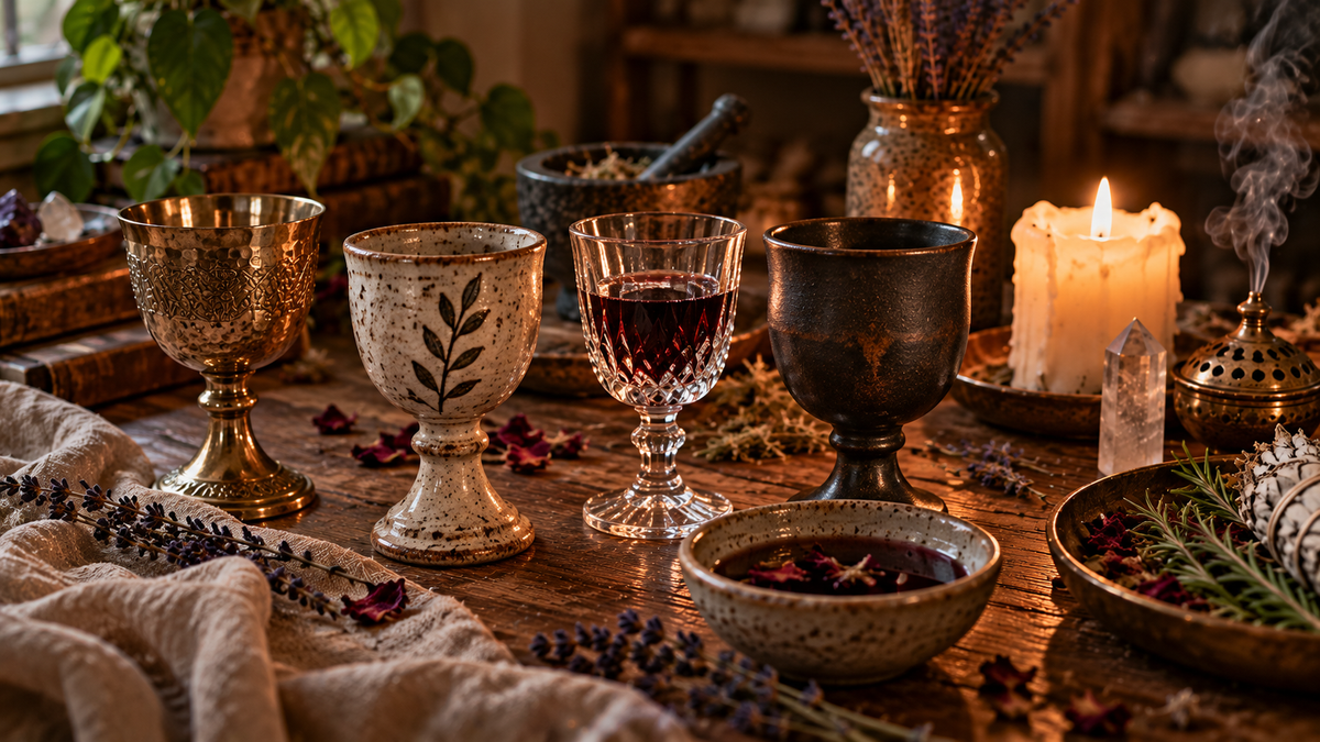 Several ritual chalices in metal, ceramic, glass, and dark finishes arranged with herbs, candles, and a libation bowl