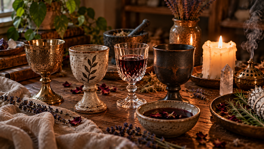 Several ritual chalices in metal, ceramic, glass, and dark finishes arranged with herbs, candles, and a libation bowl