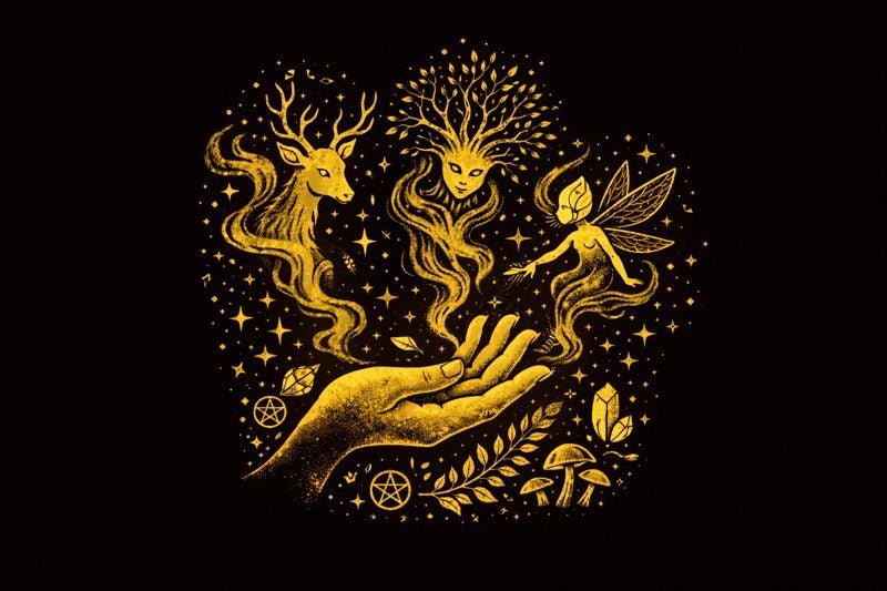Person quietly observing a forest, river, stones, and wildlife during a grounded nature-spirit practice
