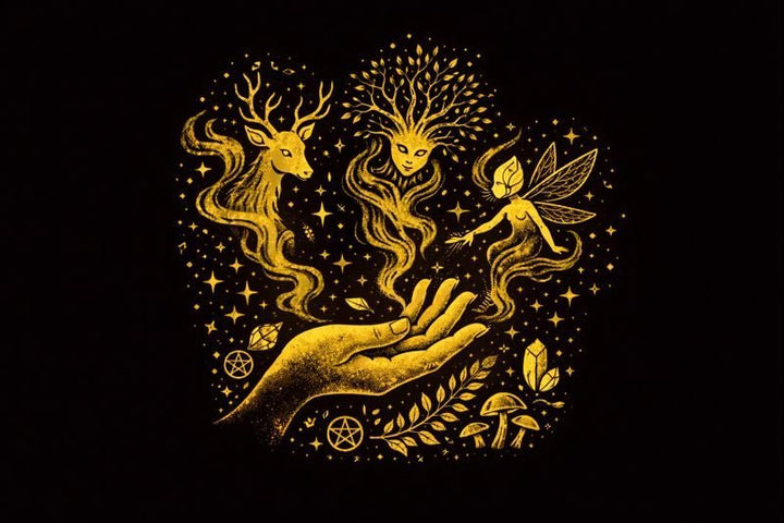 Person quietly observing a forest, river, stones, and wildlife during a grounded nature-spirit practice