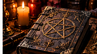 Old occult-style book beside candles and study materials for evaluating authors, sources, citations, and editions