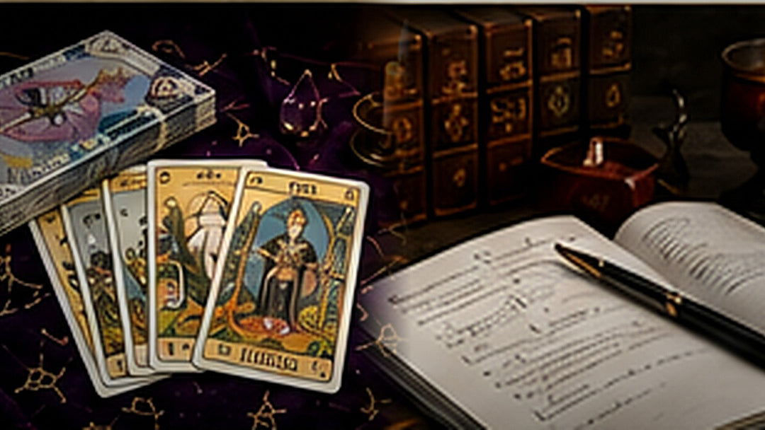 Tarot cards beside an open journal and pen for recording divination questions and interpretations