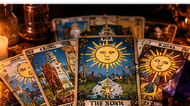 Tarot cards on a table with crystals and candlelight representing deck care and smoke-free cleansing methods