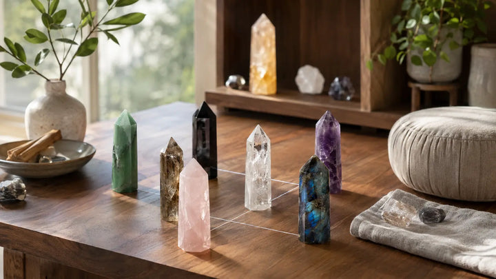 Polished crystal towers arranged in a simple grid beside a meditation cushion and soft care cloth