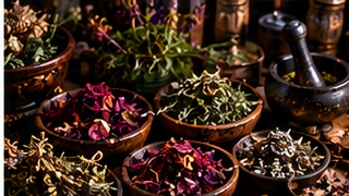 Bowls of dried ritual herbs, flowers, leaves, and mortar and pestle arranged for safe witchcraft herb use