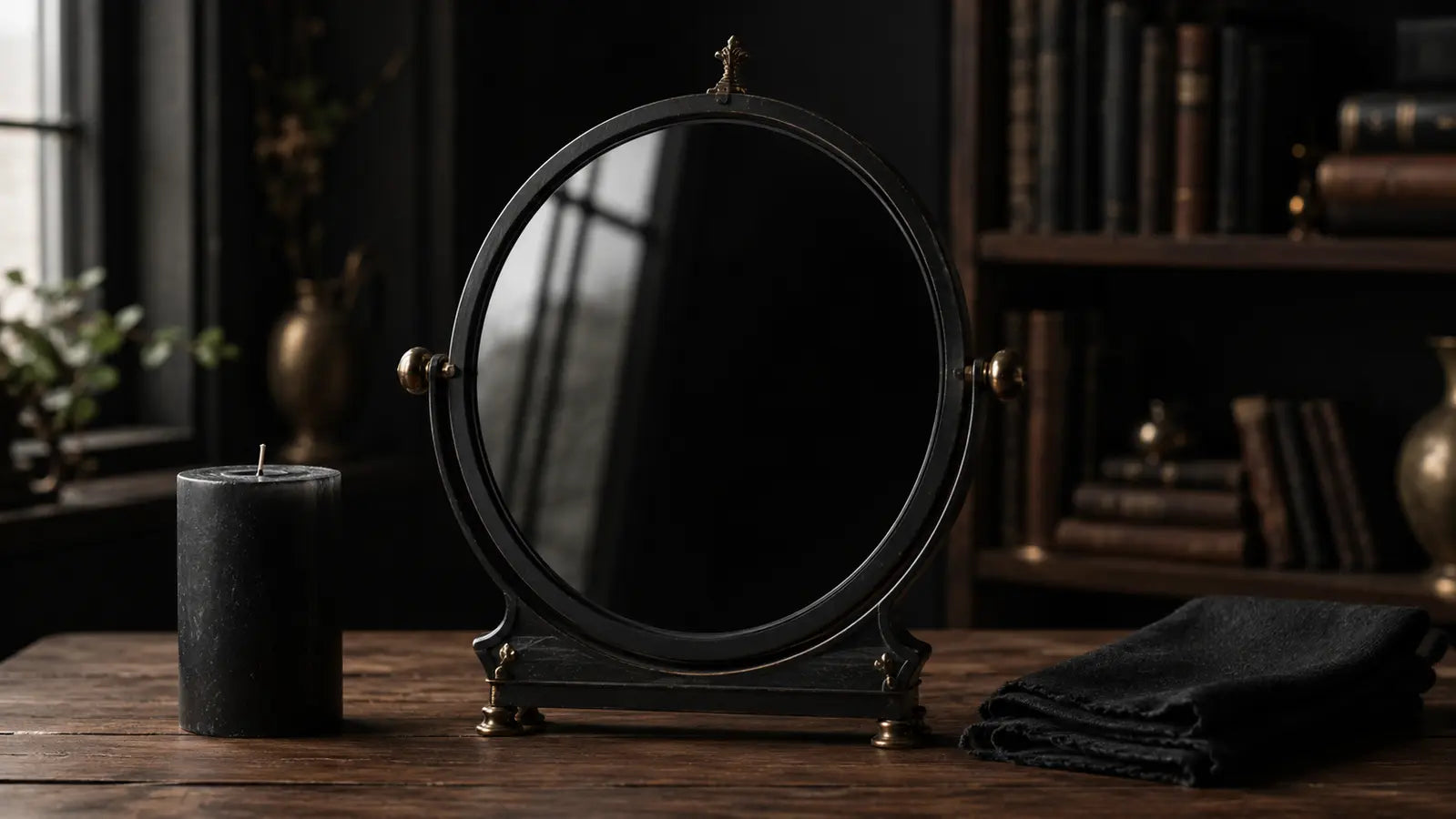 Round black scrying mirror with an unlit candle and folded cloth in a quiet study