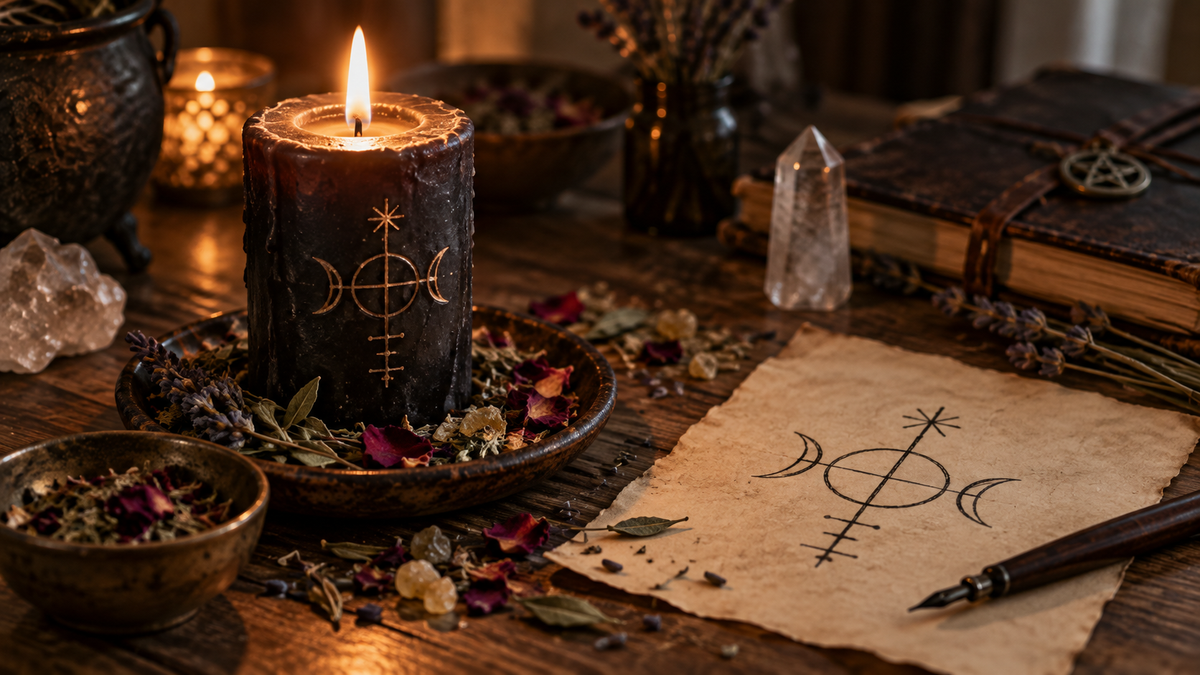 A written sigil plan beside a burning ritual candle, herbs, quartz, journal, and simple ritual materials on a wooden worktable
