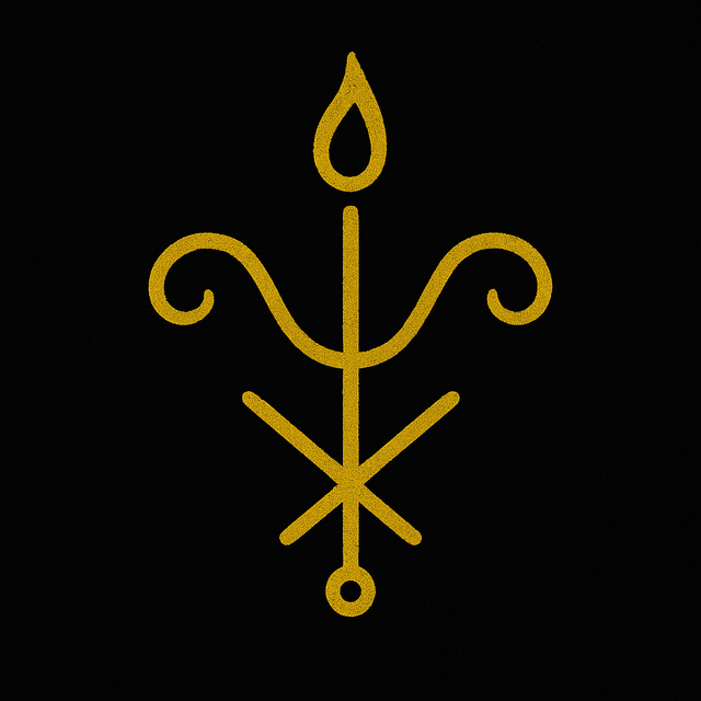 A golden sigil for “Imbolc Candlelight Rituals: Welcoming Brigid and the First Light of Spring,” featuring a flame-shaped tip, curved arms like blooming branches, a central X, and a ringed dot base, all on a black background.