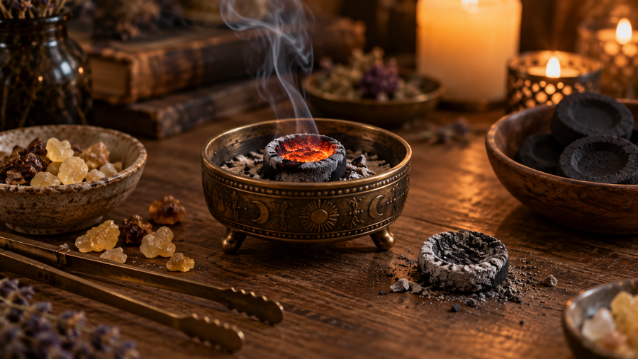 Incense charcoal glowing in a brass burner beside resin incense, charcoal discs, tongs, herbs, and candlelight