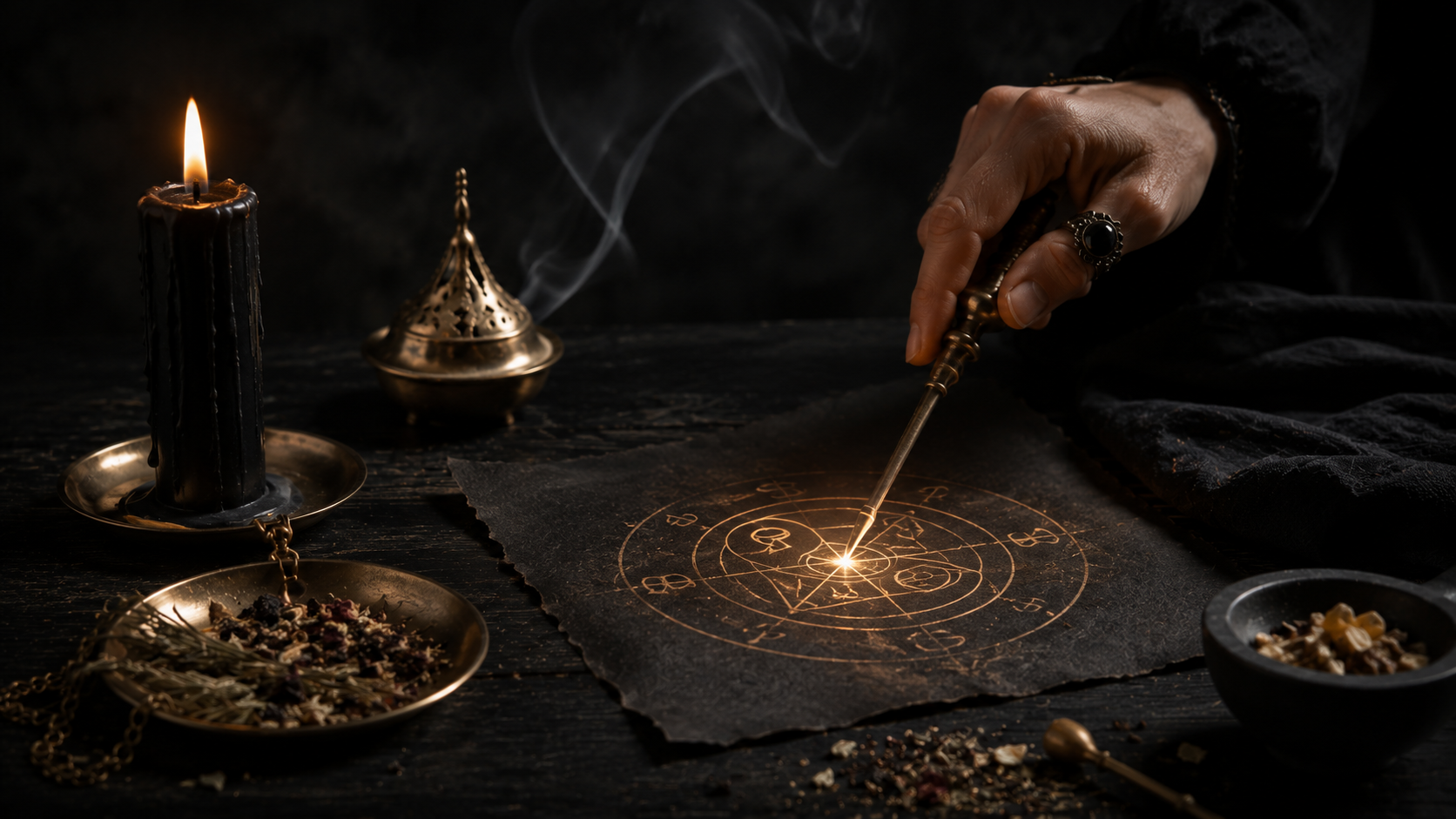 Completed sigil being activated beside a journal, candle, bell, and written practical action