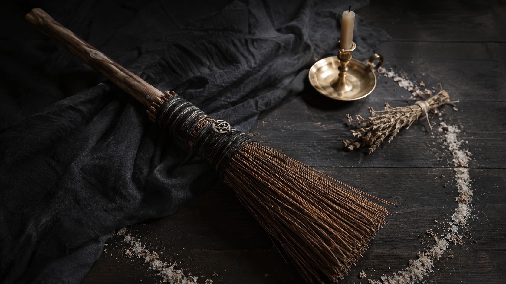 Handcrafted altar broom on black linen beside a brass candleholder, dried herbs, and a salt ritual boundary.