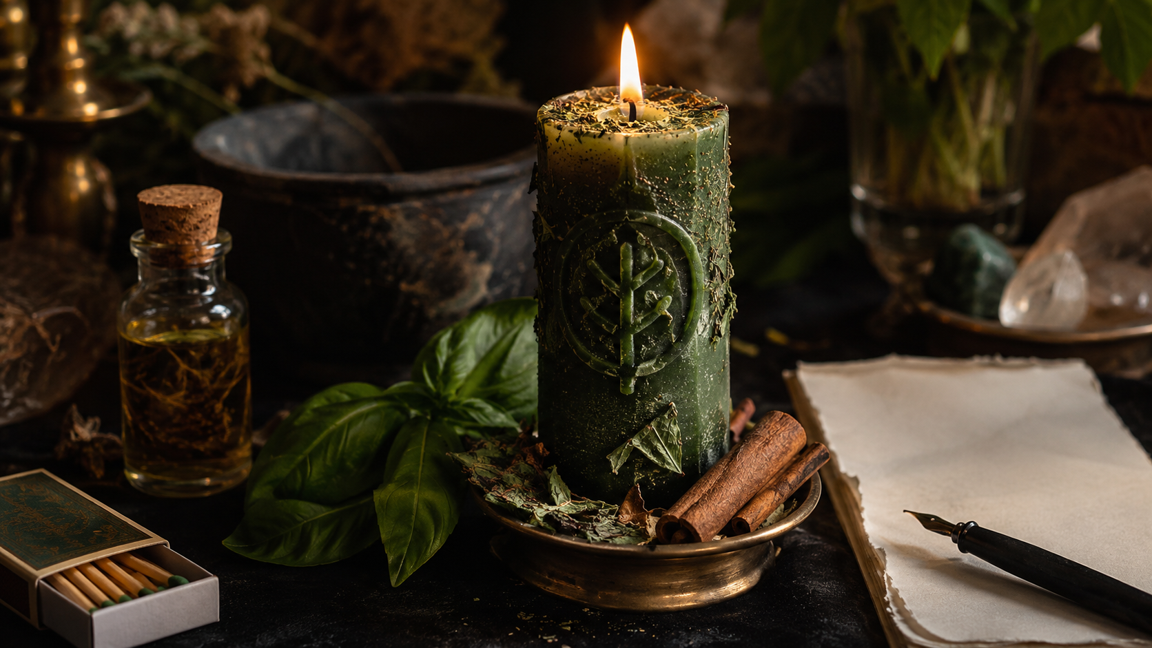 Green prosperity candle dressed with herbs beside ritual oil, basil, cinnamon, parchment, and crystals on a dark altar.