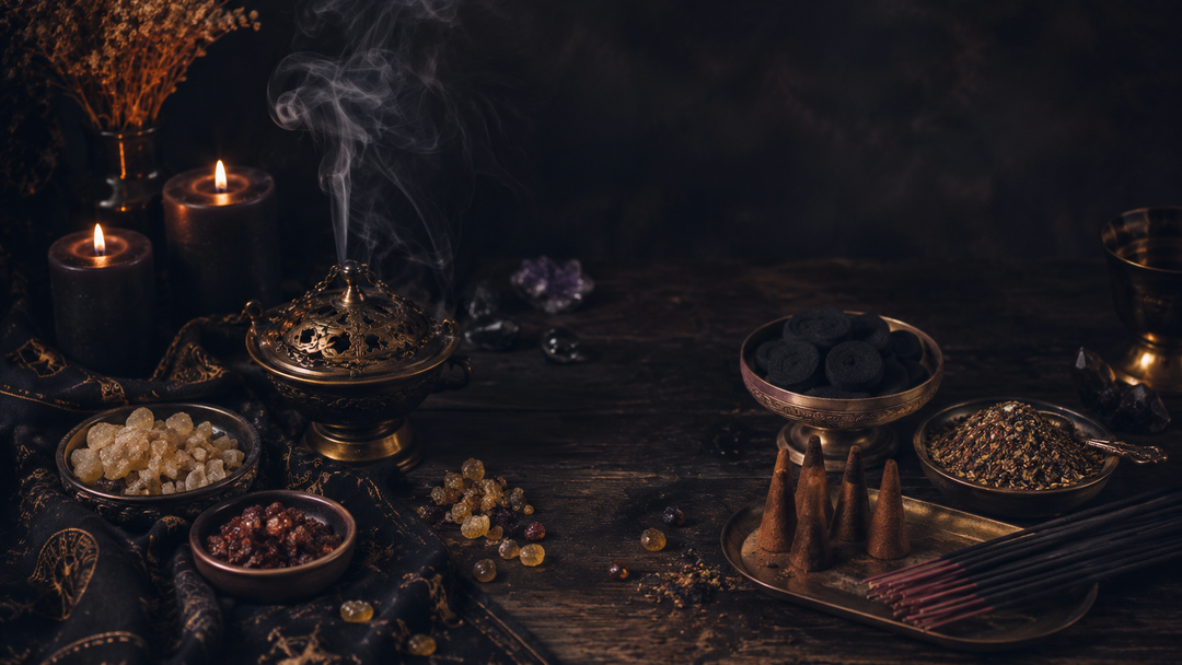 Traditional incense resins, charcoal discs, loose modern blends, cones, sticks, and a smoking ceremonial censer beside black candles.