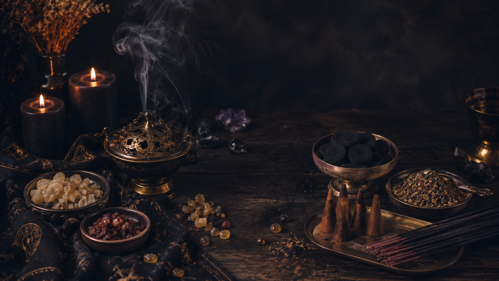 Traditional incense resins, charcoal discs, loose modern blends, cones, sticks, and a smoking ceremonial censer beside black candles.