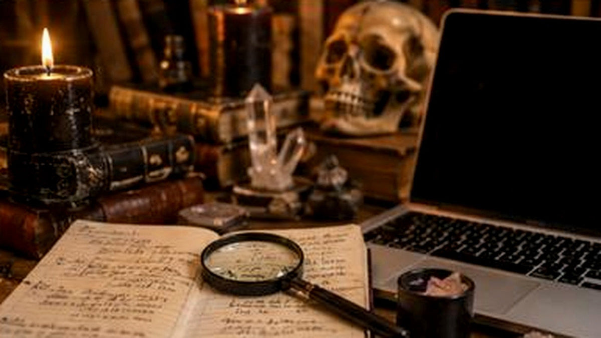 Occult books and handwritten notes arranged for comparing a Book of Shadows, grimoire, journal, and personal reference system