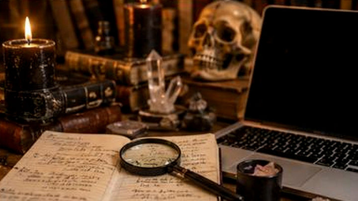 Occult books and handwritten notes arranged for comparing a Book of Shadows, grimoire, journal, and personal reference system