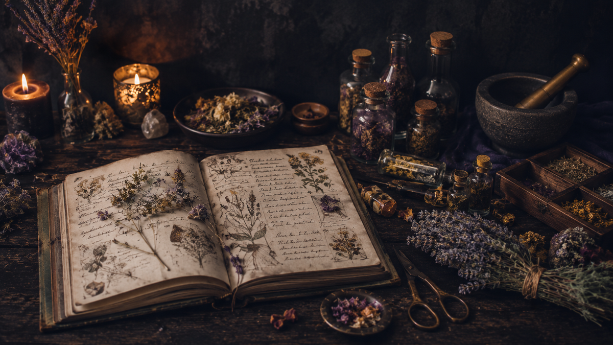 Open herbal witchcraft journal with botanical sketches, pressed plants, dried herbs, apothecary bottles, mortar and pestle, and scissors.