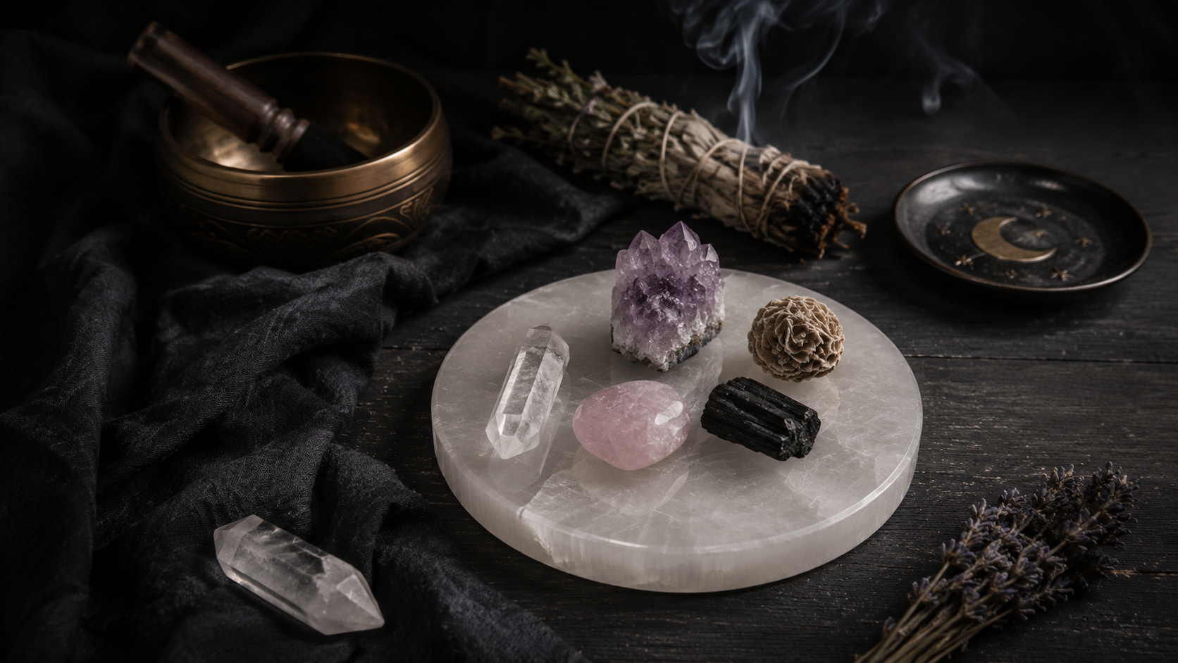 Quartz, amethyst, rose quartz, black tourmaline, and desert rose resting on a selenite charging plate.