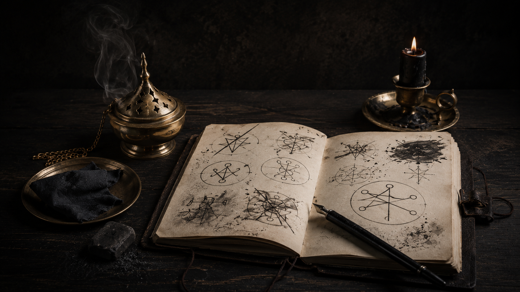 Beginner sigil notes showing vague wording, crowded symbols, corrections, and a clear final design