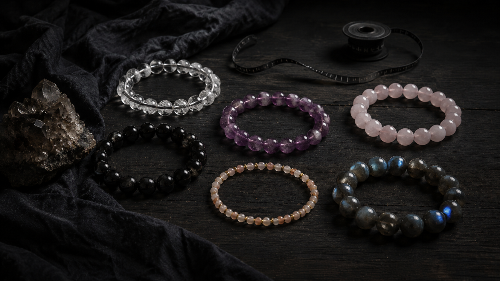 Crystal bead bracelets in multiple stones and bead sizes arranged beside a measuring tape on dark wood.