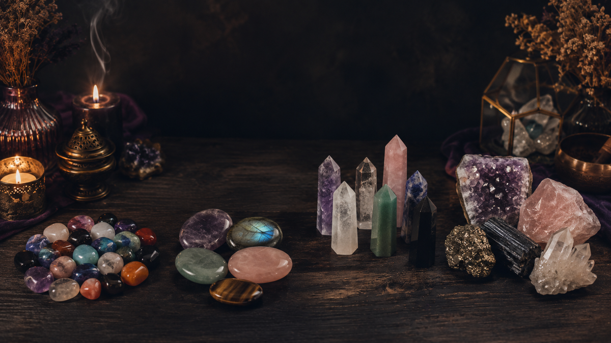 Four crystal forms arranged for comparison: tumbled stones, smooth palm stones, polished towers, and natural mineral specimens.
