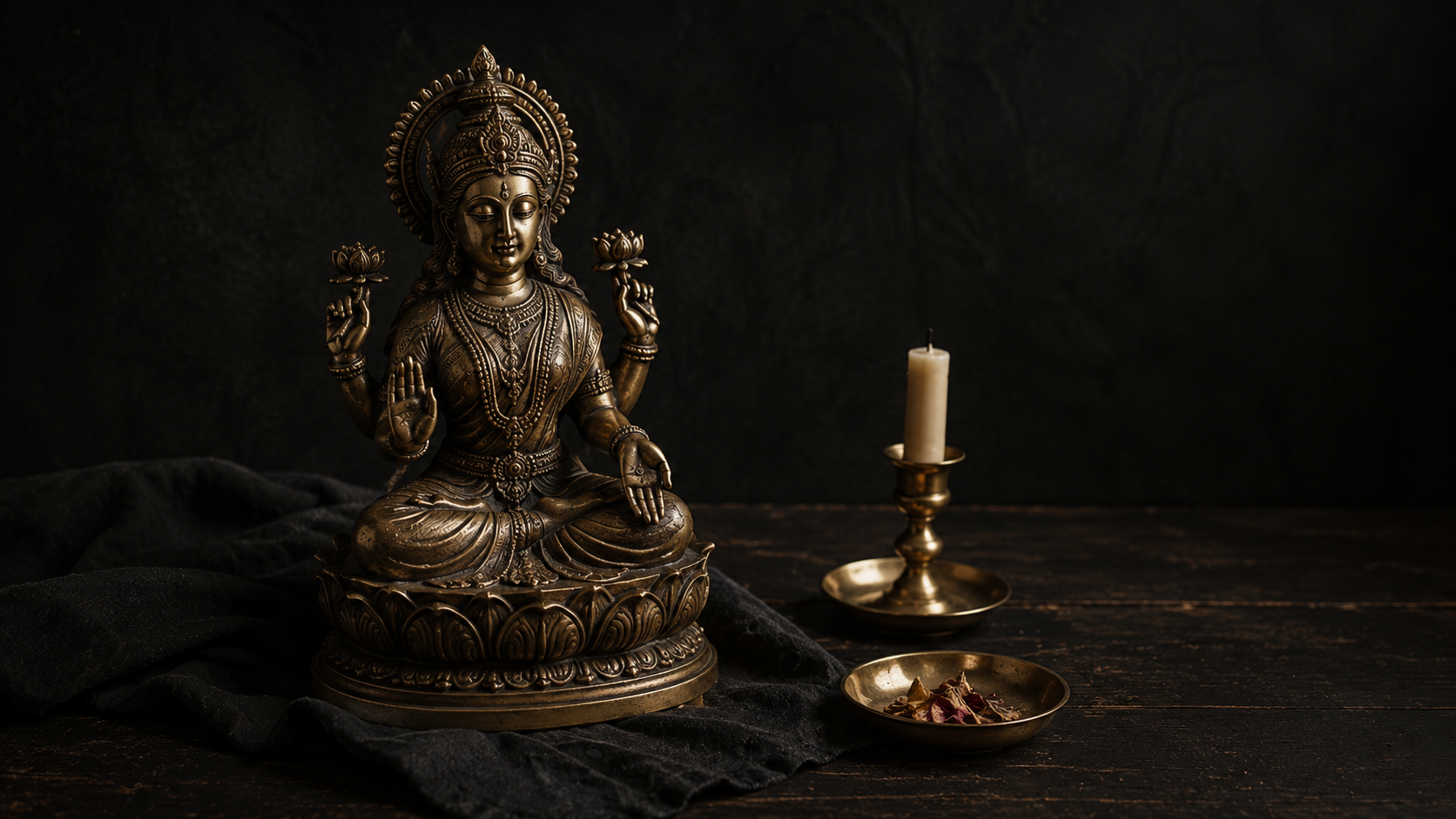 Brass deity statue arranged on a dark altar with an unlit candle and a small offering bowl.
