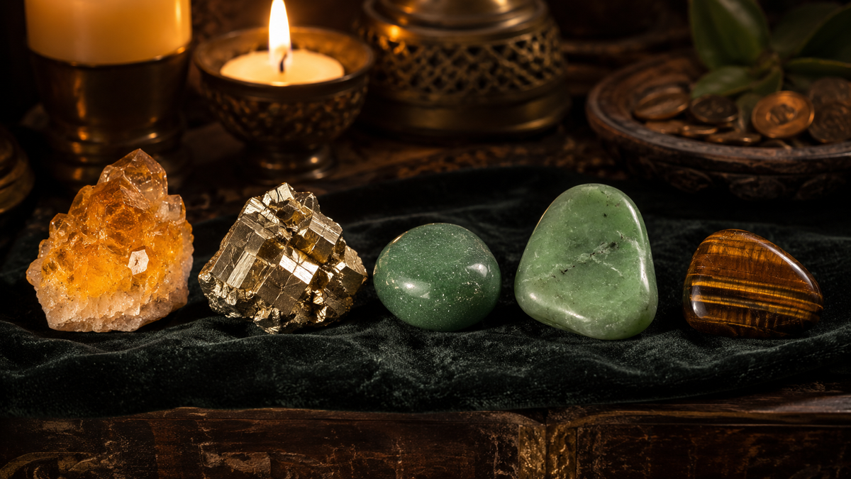 Citrine, pyrite, green aventurine, jade, and tiger's eye arranged together for wealth and prosperity magic.