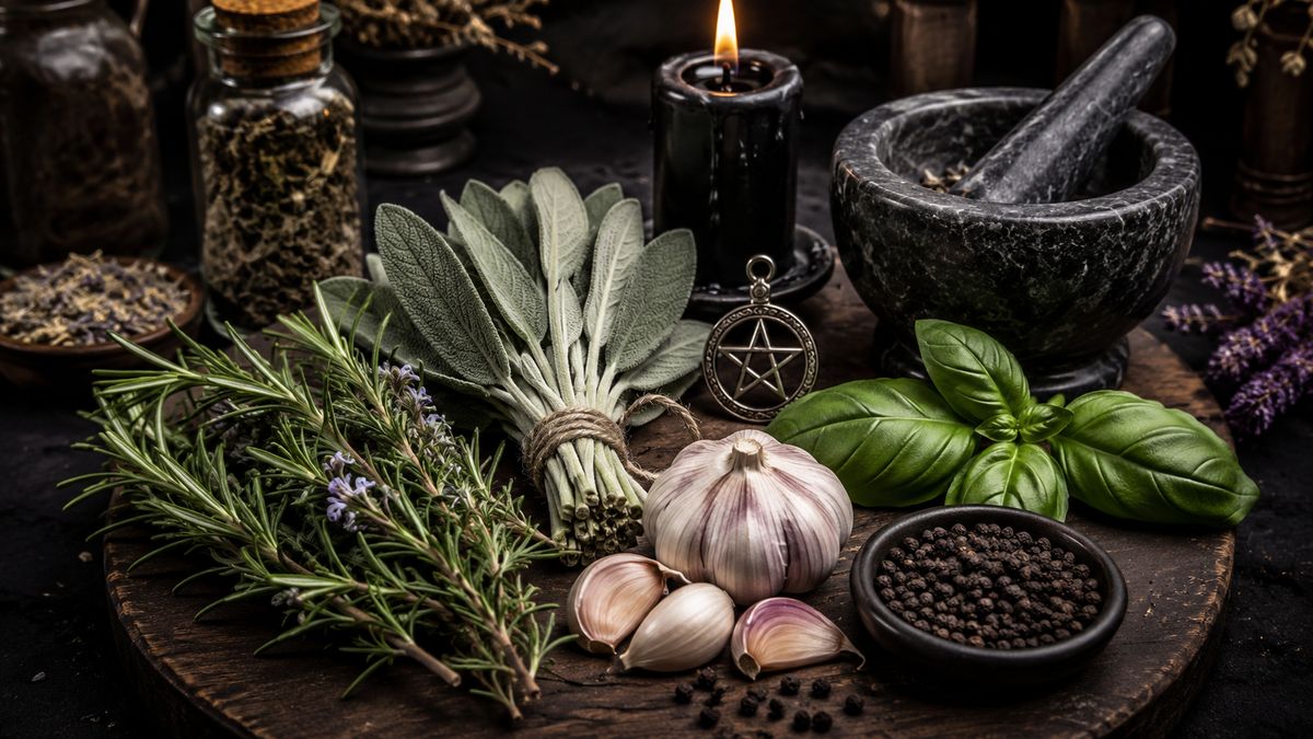Rosemary, sage, garlic, basil, and black pepper arranged with a mortar and pestle and black candle for protection magic.