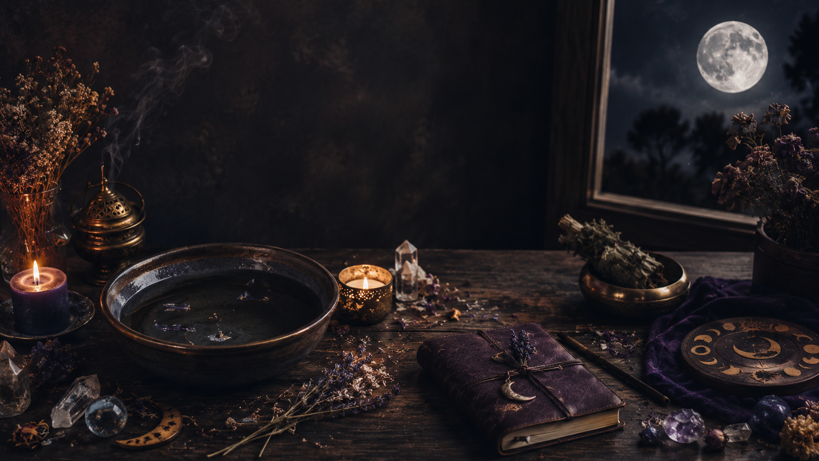 Beginner full moon ritual altar with a bowl of water, moon journal, candles, herbs, crystals, and moon-phase symbols beside a moonlit window.