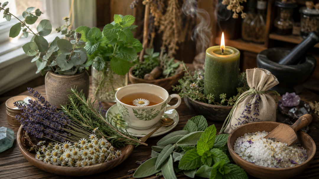 Healing herb ritual with lavender, chamomile, rosemary, mint, sage, eucalyptus, herbal tea, bath salts, a sachet, and a green candle.