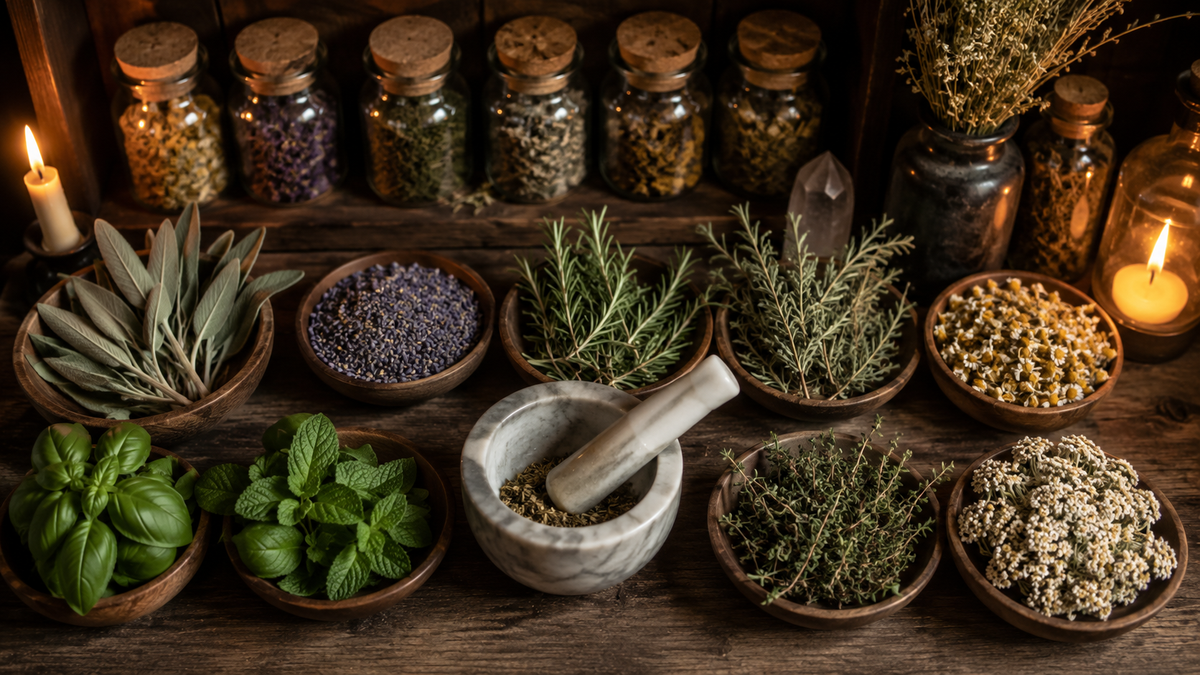 A witch's herbal cabinet with sage, lavender, rosemary, mint, basil, chamomile, thyme, yarrow, and a mortar and pestle.