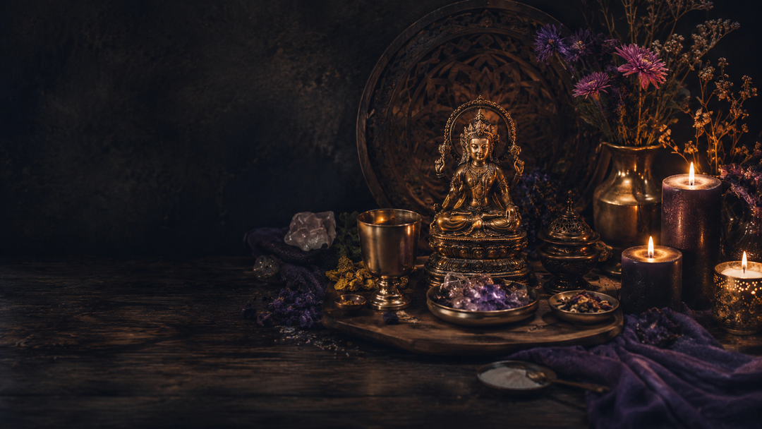 A thoughtfully arranged deity altar with a central statue, candles, flowers, offering bowls, chalice, incense burner, and crystals.