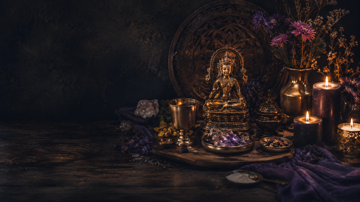 A thoughtfully arranged deity altar with a central statue, candles, flowers, offering bowls, chalice, incense burner, and crystals.