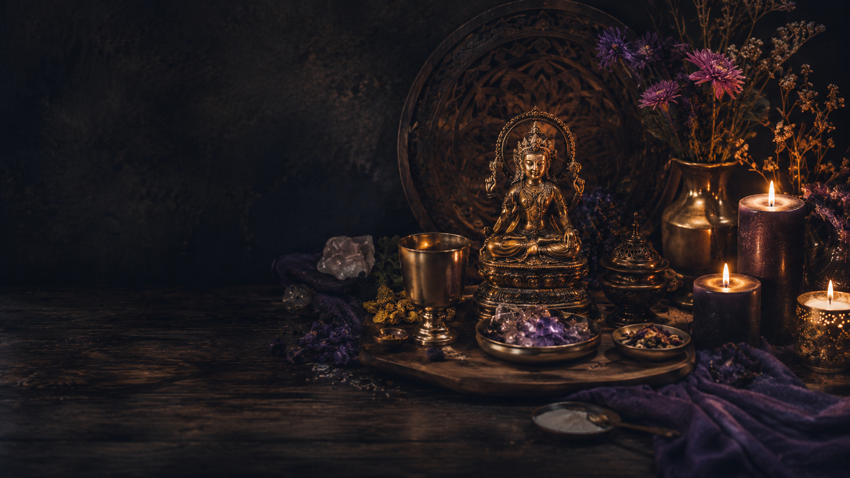 A thoughtfully arranged deity altar with a central statue, candles, flowers, offering bowls, chalice, incense burner, and crystals.