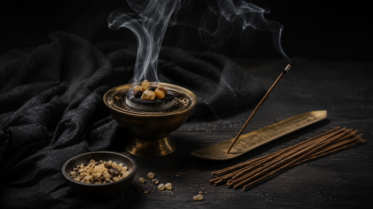 Incense sticks, resin incense, and a brass charcoal burner releasing smoke on a dark ritual table.