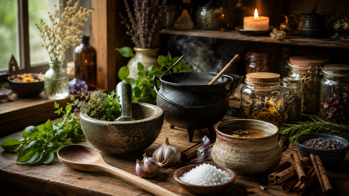 Kitchen witch workspace with a steaming cauldron, mortar and pestle, wooden spoon, herbs, tea, salt, garlic, cinnamon, jars, and candlelight.