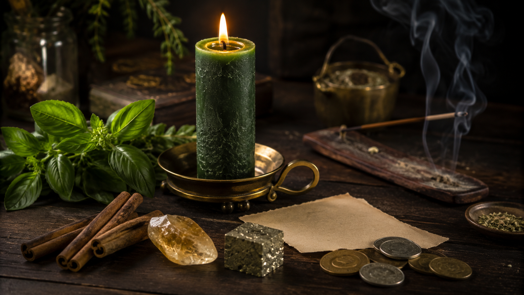 Prosperity ritual with a green candle, basil, cinnamon sticks, citrine, pyrite, coins, incense, and a written financial intention.
