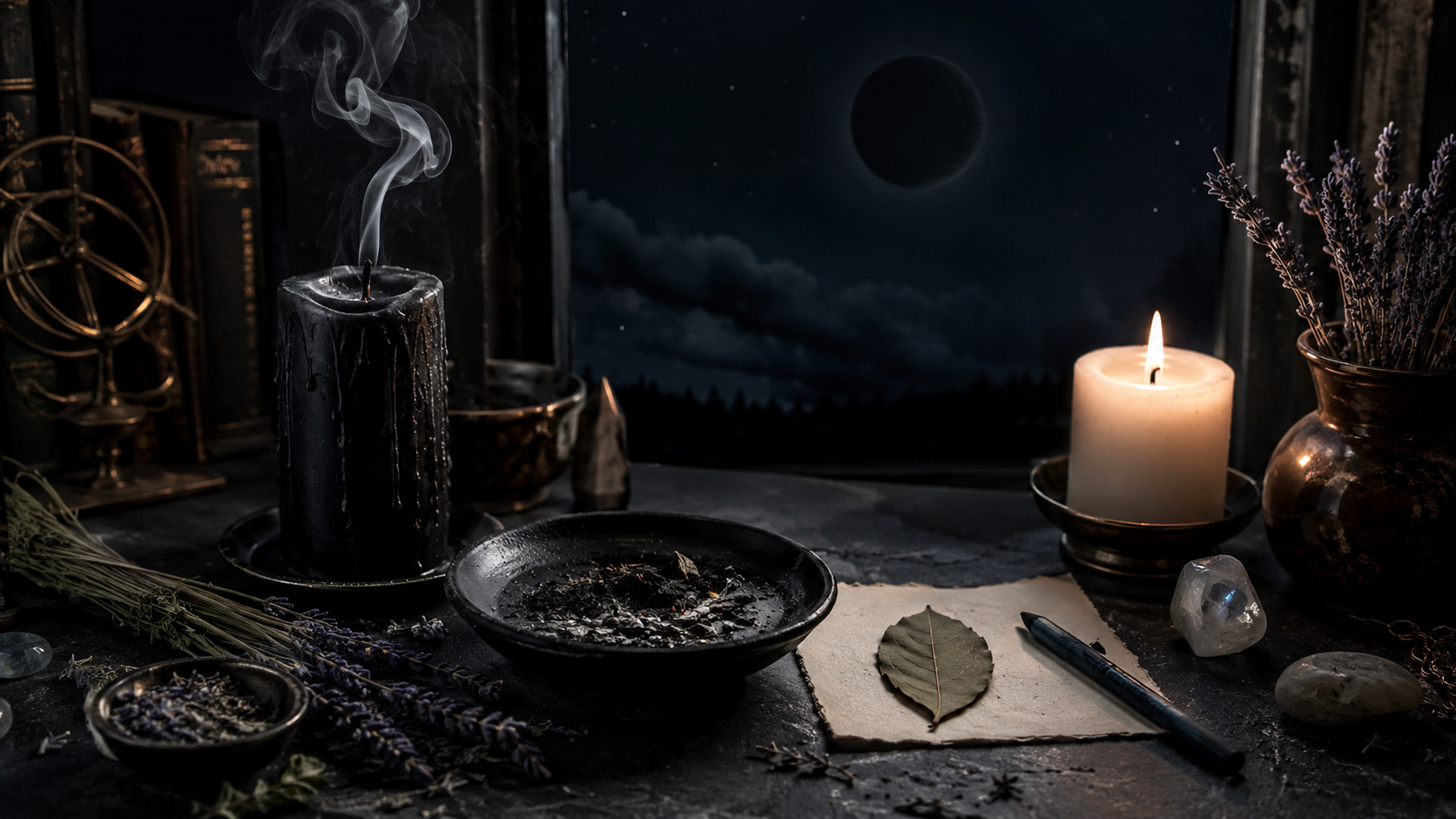 New moon manifestation altar with black and white candles, a bay leaf intention, fire-safe dish, lavender, crystals, and the dark moon beyond a window.